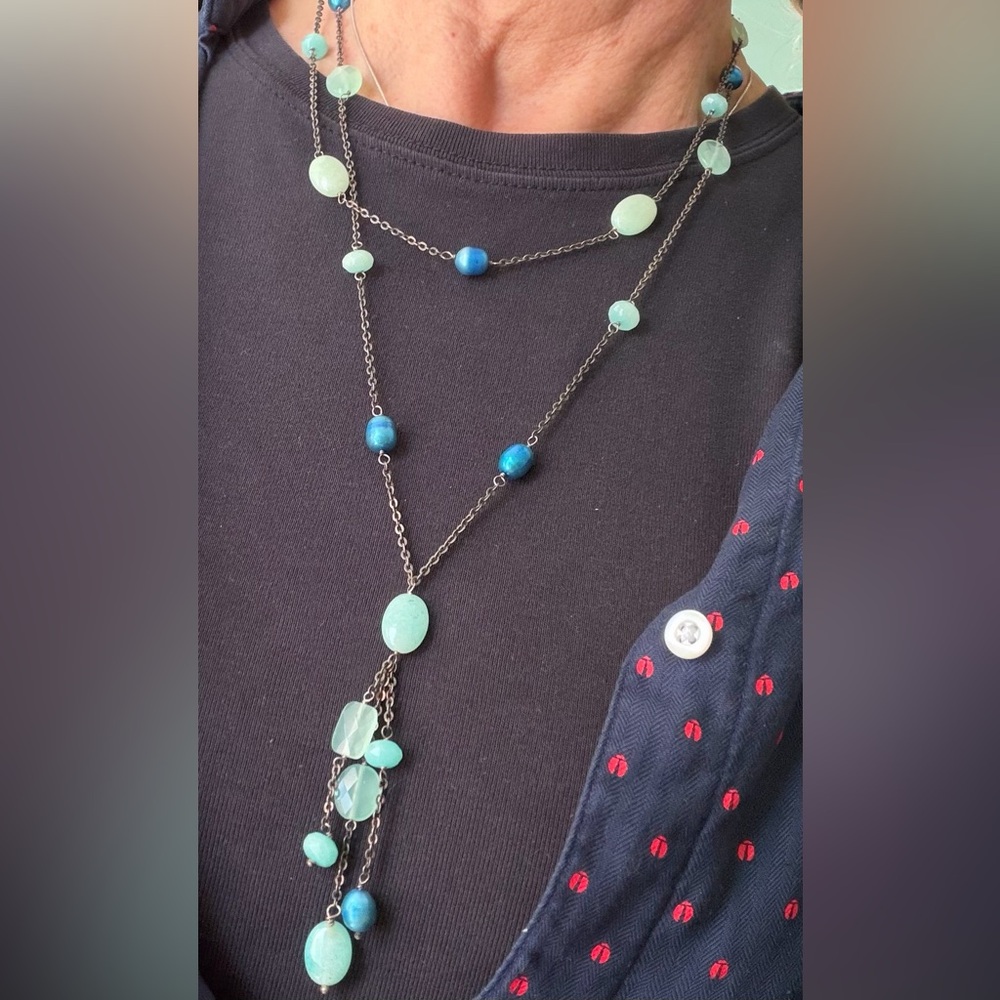 Long double string of labradorite and Larimar necklace